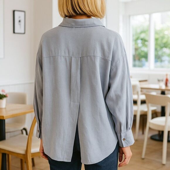 NEW Easel Oversized Small Classic Linen Blend Shirt Light Blue Denim Long Sleeve - Picture 4 of 16